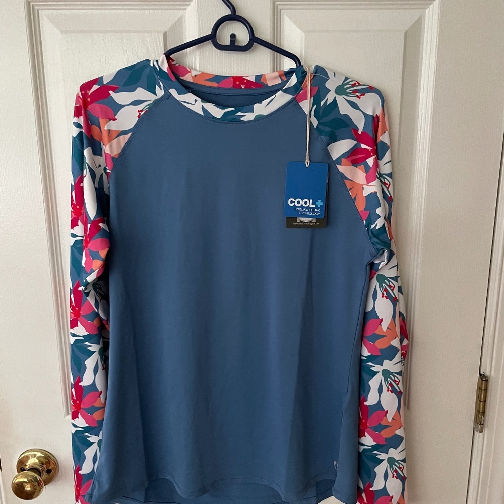 Sun protective Sun Tee, size Large, Blue with pink and blue tropical print.
